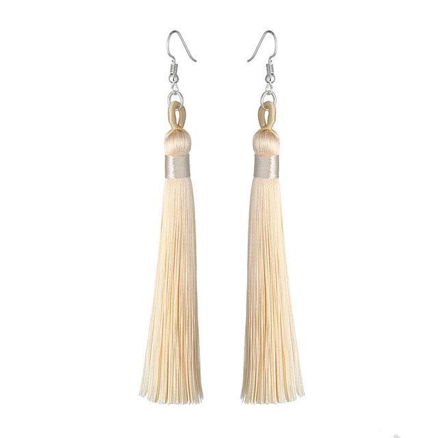Silk Fabric Long Fringe Earrings Drop Earrings LOVBEAFAS Official Store Beige