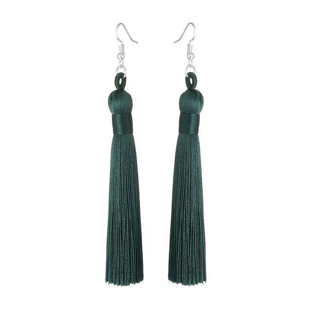 Silk Fabric Long Fringe Earrings Drop Earrings LOVBEAFAS Official Store Blackish Green