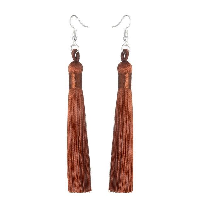 Silk Fabric Long Fringe Earrings Drop Earrings LOVBEAFAS Official Store Brown