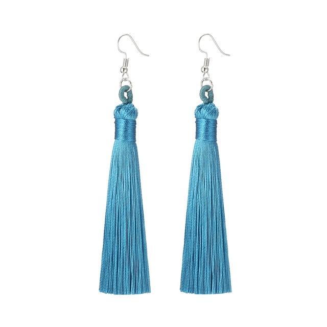 Silk Fabric Long Fringe Earrings Drop Earrings LOVBEAFAS Official Store Darkturquoise