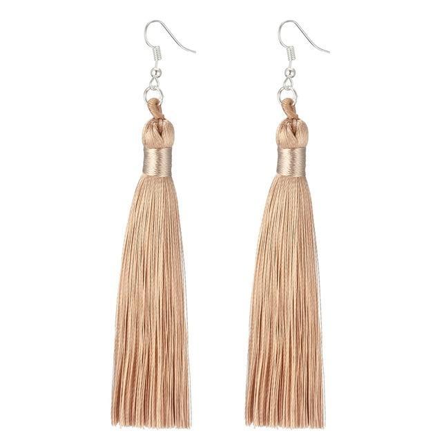 Silk Fabric Long Fringe Earrings Drop Earrings LOVBEAFAS Official Store Khaki