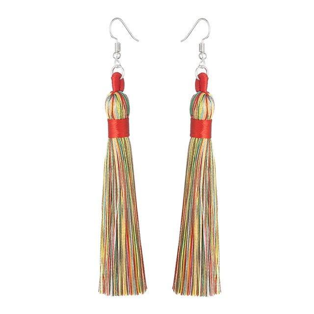 Silk Fabric Long Fringe Earrings Drop Earrings LOVBEAFAS Official Store Multicolor
