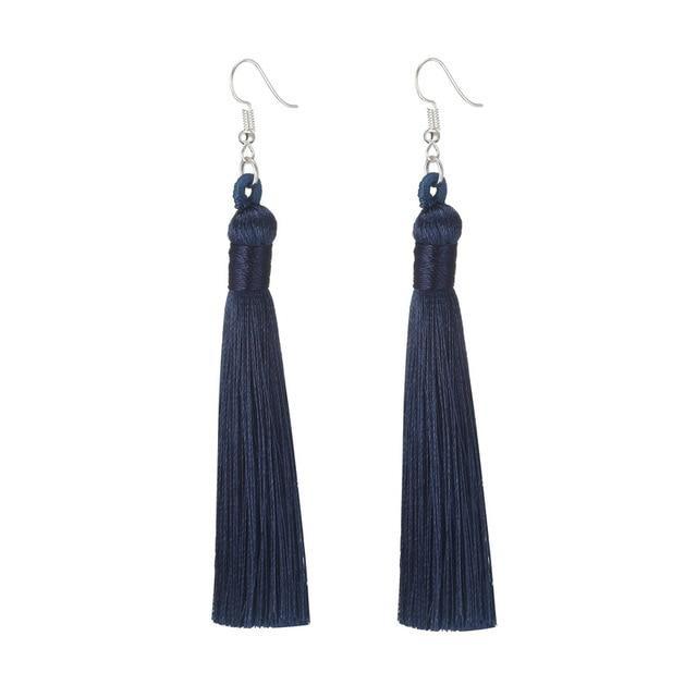 Silk Fabric Long Fringe Earrings Drop Earrings LOVBEAFAS Official Store Navy Blue