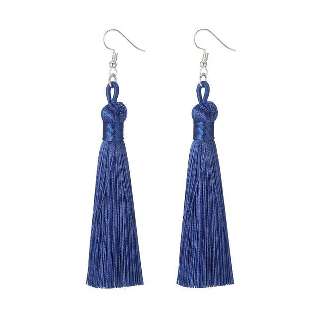 Silk Fabric Long Fringe Earrings Drop Earrings LOVBEAFAS Official Store Royal Blue