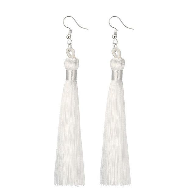 Silk Fabric Long Fringe Earrings Drop Earrings LOVBEAFAS Official Store White