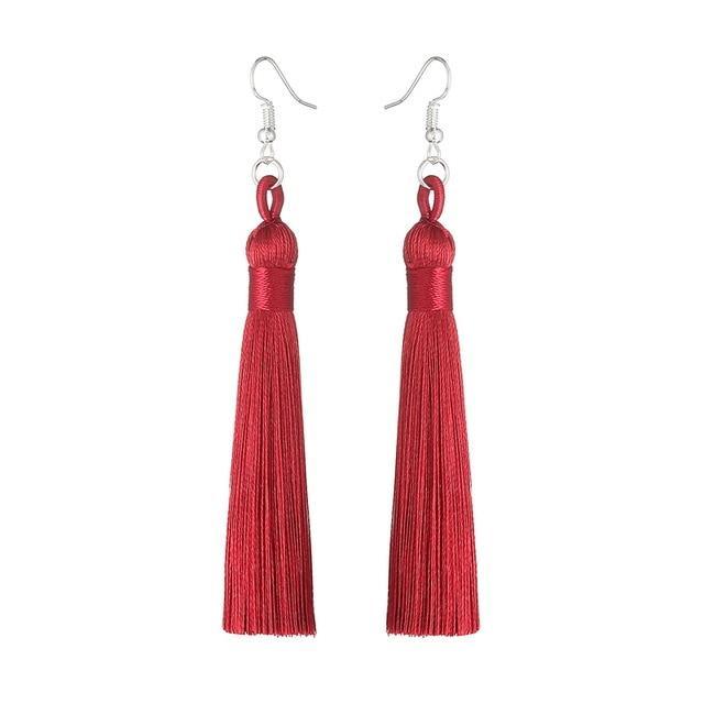 Silk Fabric Long Fringe Earrings Drop Earrings LOVBEAFAS Official Store Wine Red