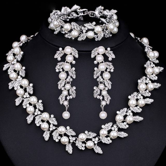 Silver Gold Simulated Pearl Jewelry Sets Bridal Jewelry Sets mecresh Official Store Silver