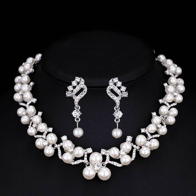 Simulated Pearl Jewelry Sets Bridal Jewelry Sets mecresh Official Store 2 Pcs Silver Clear