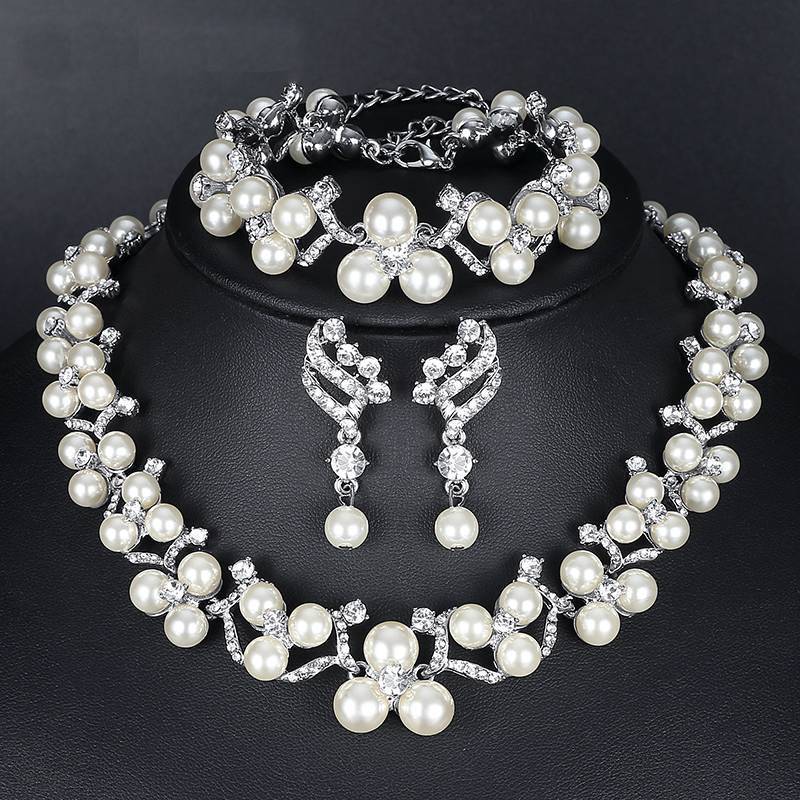 Simulated Pearl Jewelry Sets Bridal Jewelry Sets mecresh Official Store 3 Pcs Silver Clear