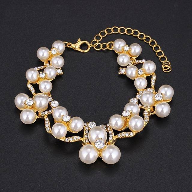 Simulated Pearl Jewelry Sets Bridal Jewelry Sets mecresh Official Store Gold Color Bracelets Clear
