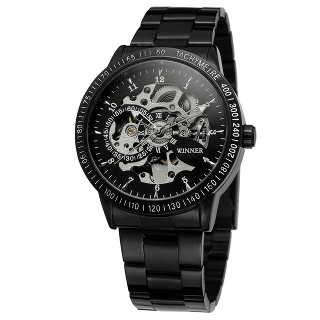 Skeleton Dial Copper Stainless Steel Strap Mechanical Watch For Men Mechanical Watches T-WINNER Official Store ALL BLACK SILVER