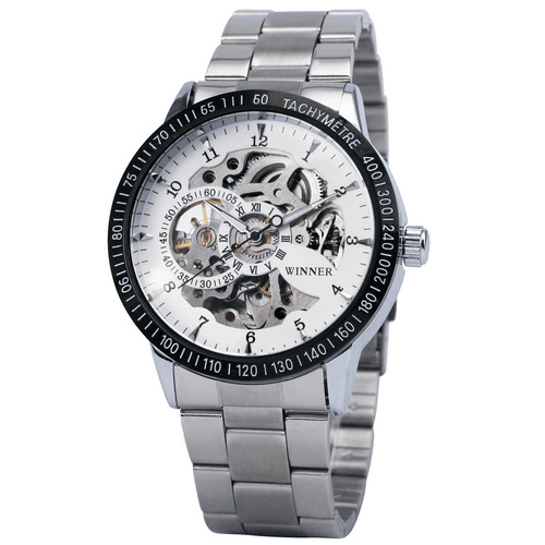 Skeleton Dial Copper Stainless Steel Strap Mechanical Watch For Men Mechanical Watches T-WINNER Official Store BLACK WHITE