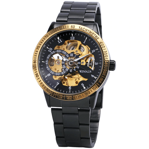 Skeleton Dial Copper Stainless Steel Strap Mechanical Watch For Men Mechanical Watches T-WINNER Official Store GOLDEN BLACK