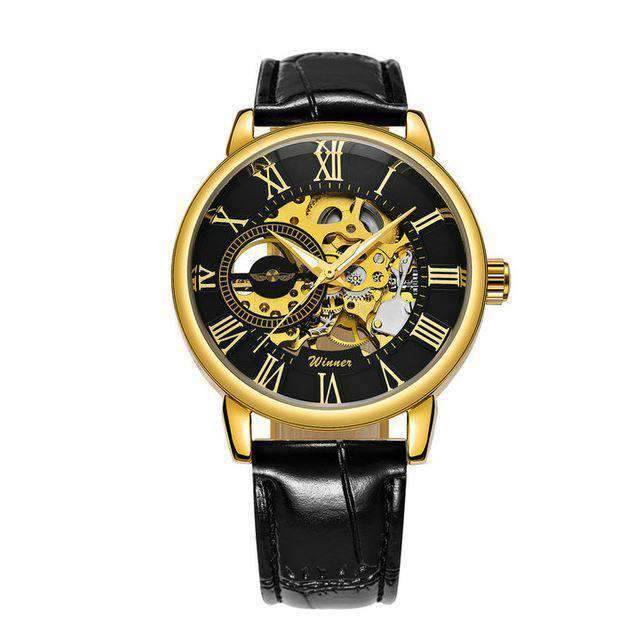 Stainless Steel Skeleton Design Mechanical Watch For Men Mechanical Watches T-WINNER Official Store LEATHER GOLD BLACK