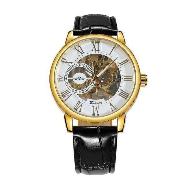 Stainless Steel Skeleton Design Mechanical Watch For Men Mechanical Watches T-WINNER Official Store LEATHER GOLD WHITE