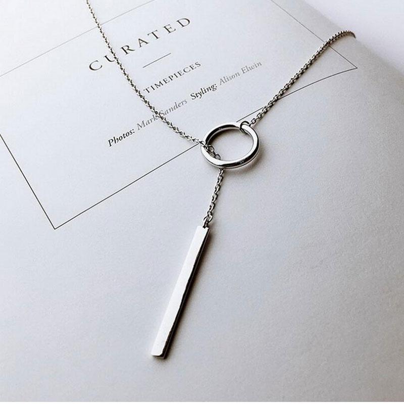 Sterling Silver Circle Strip Long Necklace Chain Necklaces anenjery Official Store