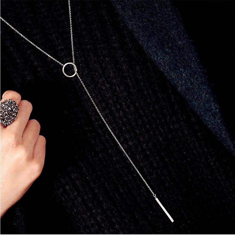 Sterling Silver Circle Strip Long Necklace Chain Necklaces anenjery Official Store