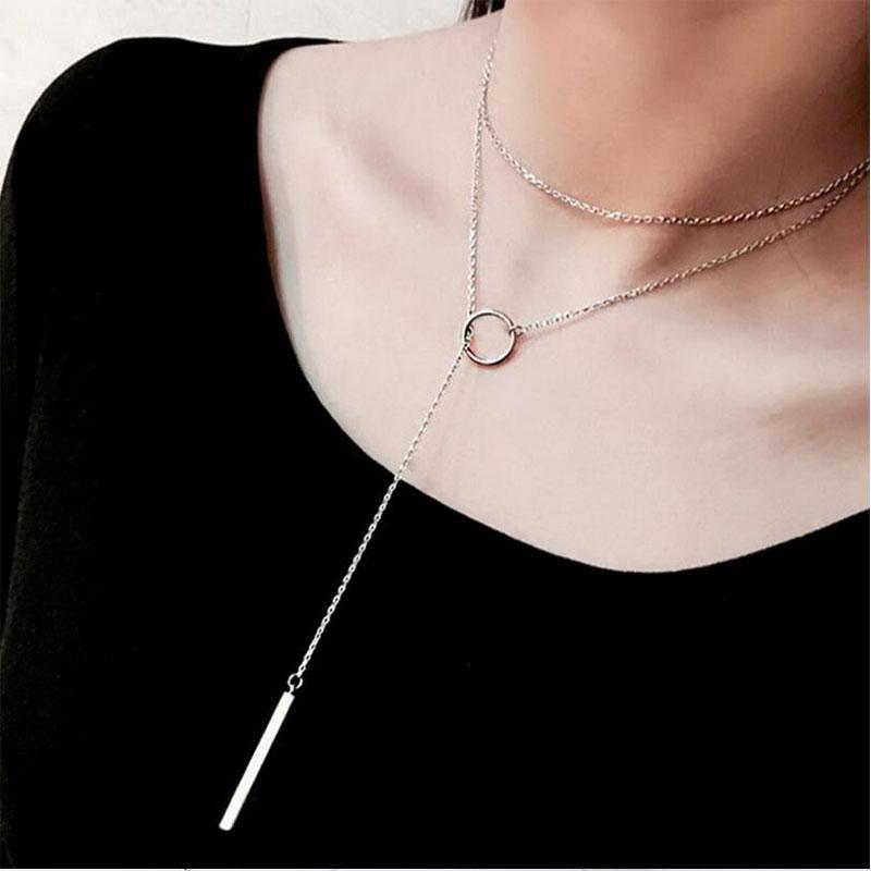 Sterling Silver Circle Strip Long Necklace Chain Necklaces anenjery Official Store