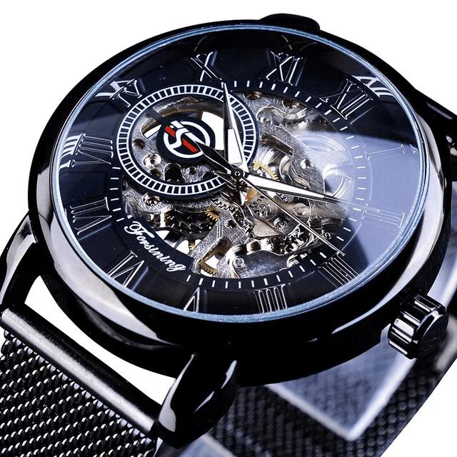 Transparent Case 3D Logo Engraving Men’s Mechanical Watch Mechanical Watches GMT Full Black