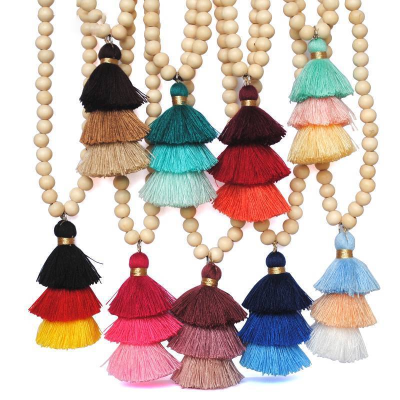 Wood Beaded 3 Layered Cotton Necklace Pendant Necklaces yumfeel Official Store