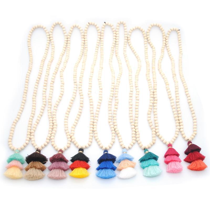 Wood Beaded 3 Layered Cotton Necklace Pendant Necklaces yumfeel Official Store