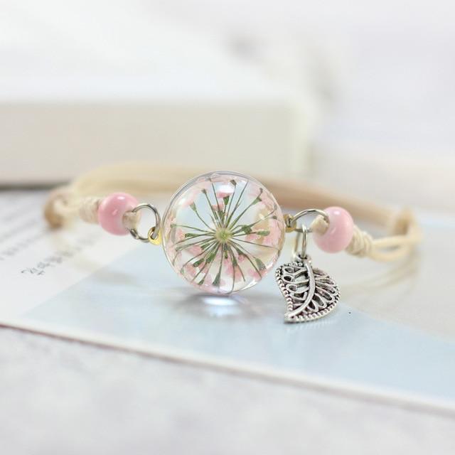 Woven Dried Lucky Flower Glass Beads Bracelet Strand Bracelets LKO Official Store big Pink