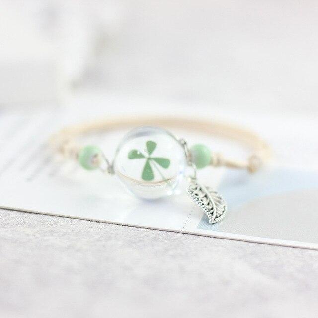 Woven Dried Lucky Flower Glass Beads Bracelet Strand Bracelets LKO Official Store Clover