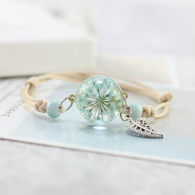 Woven Dried Lucky Flower Glass Beads Bracelet Strand Bracelets LKO Official Store green