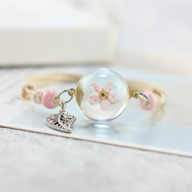 Woven Dried Lucky Flower Glass Beads Bracelet Strand Bracelets LKO Official Store Small pink
