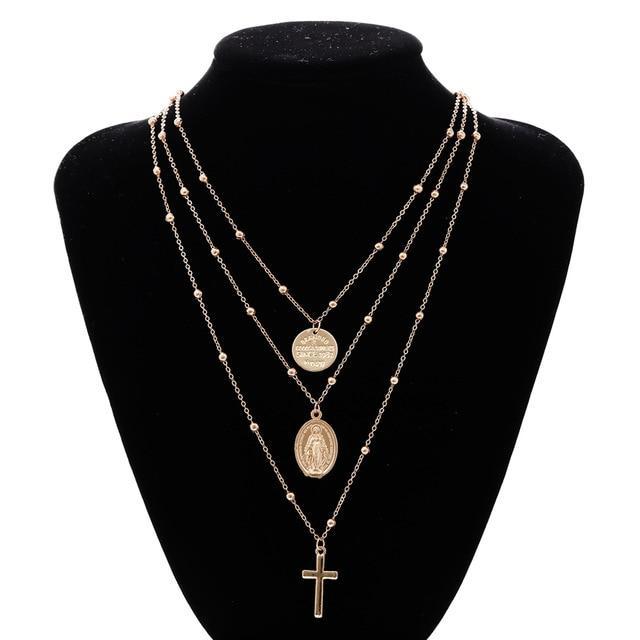 Cross Virgin Mary Multilayer Necklace Pendant Necklaces IngeSight.Z Official Store Golden Color 