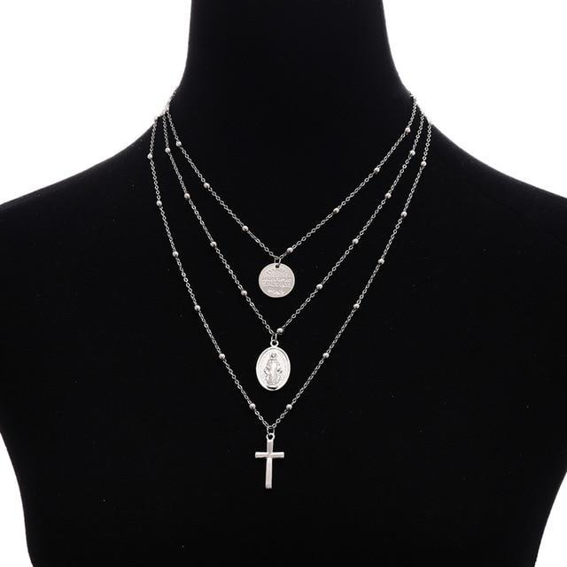 Cross Virgin Mary Multilayer Necklace Pendant Necklaces IngeSight.Z Official Store Silver Color 