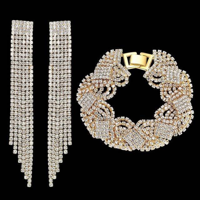 Crystal Tassel Bridal Jewelry Sets Bridal Jewelry Sets mecresh Official Store Gold Color 2 Pcs Clear 