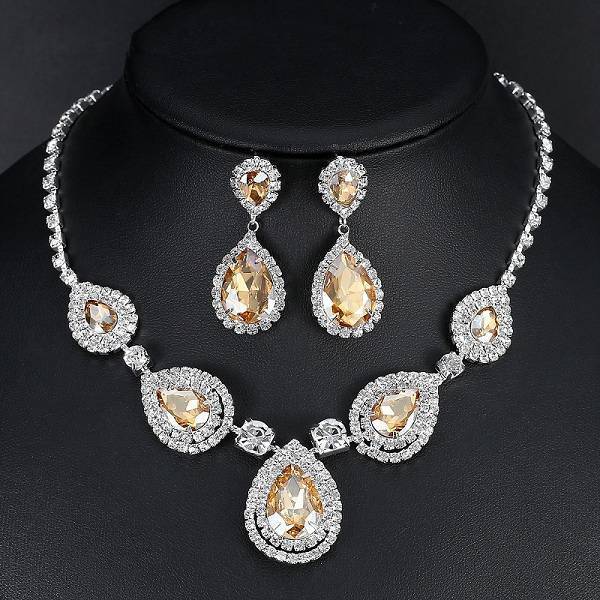 Crystal Teardrop Bridal Jewelry Sets Bridal Jewelry Sets mecresh Official Store Light Yellow Gold Color Clear 