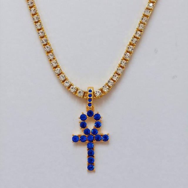 Egyptian Key to Life Cross Vintage Necklace Pendant Necklaces qijewells Store blue ankh gold 30in 1 row chain 