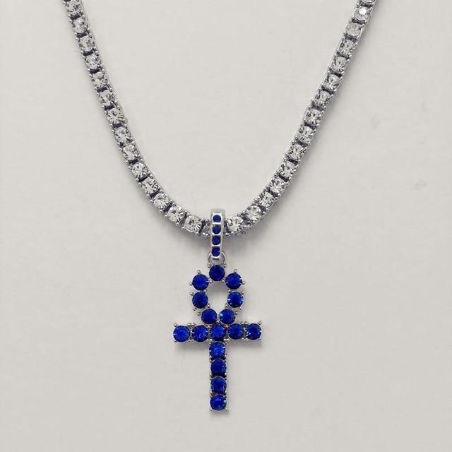 Egyptian Key to Life Cross Vintage Necklace Pendant Necklaces qijewells Store blue ankh silver 30in 1 row chain 