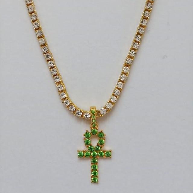 Egyptian Key to Life Cross Vintage Necklace Pendant Necklaces qijewells Store green ankh gold 30in 1 row chain 
