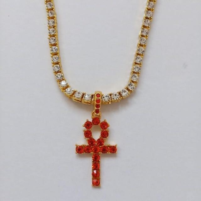 Egyptian Key to Life Cross Vintage Necklace Pendant Necklaces qijewells Store red ankh gold 30in 1 row chain 