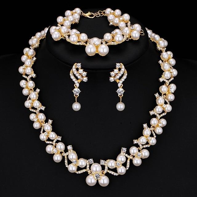 Simulated Pearl Jewelry Sets Bridal Jewelry Sets mecresh Official Store 2 Pcs Gold Color Clear 