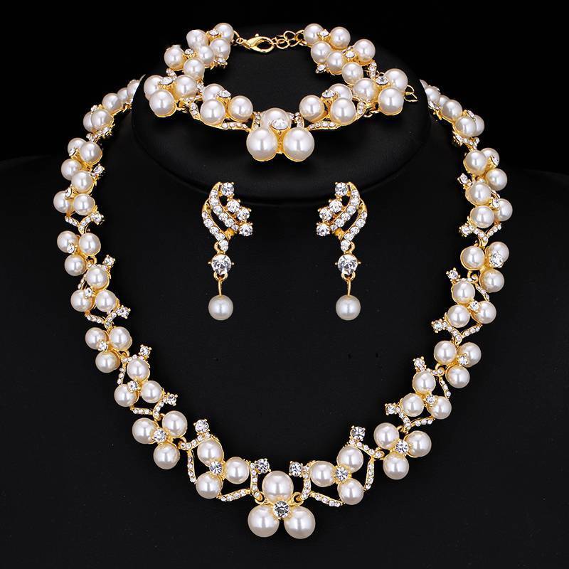 Simulated Pearl Jewelry Sets Bridal Jewelry Sets mecresh Official Store 3 Pcs Gold Color Clear 