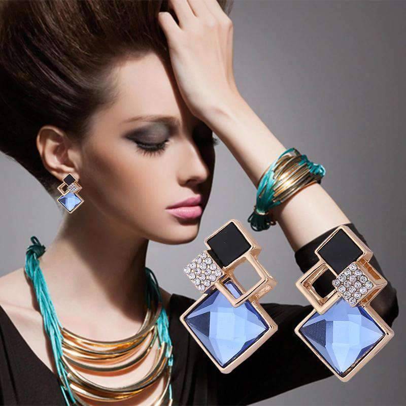 Women’s Vintage Long Square Gold Color Crystal Big Stud Earrings Stud Earrings LYIYUNQ Official Store 