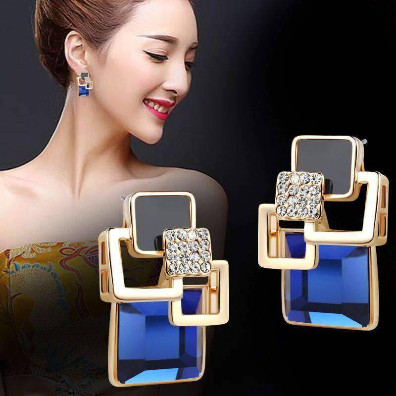 Women’s Vintage Long Square Gold Color Crystal Big Stud Earrings Stud Earrings LYIYUNQ Official Store 