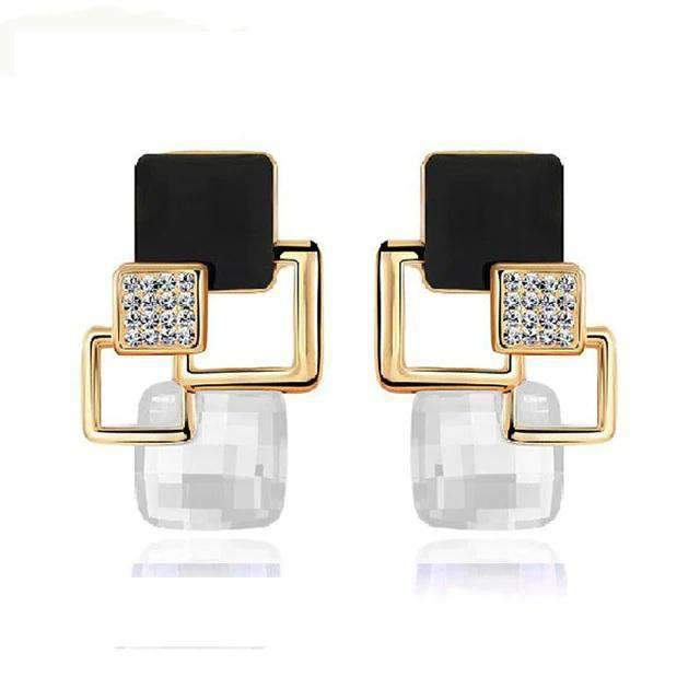 Women’s Vintage Long Square Gold Color Crystal Big Stud Earrings Stud Earrings LYIYUNQ Official Store E012 G Black 