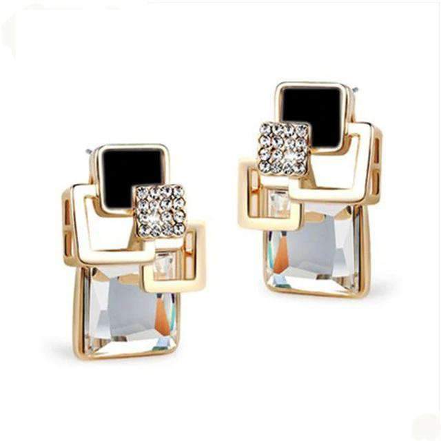 Women’s Vintage Long Square Gold Color Crystal Big Stud Earrings Stud Earrings LYIYUNQ Official Store E109 White 
